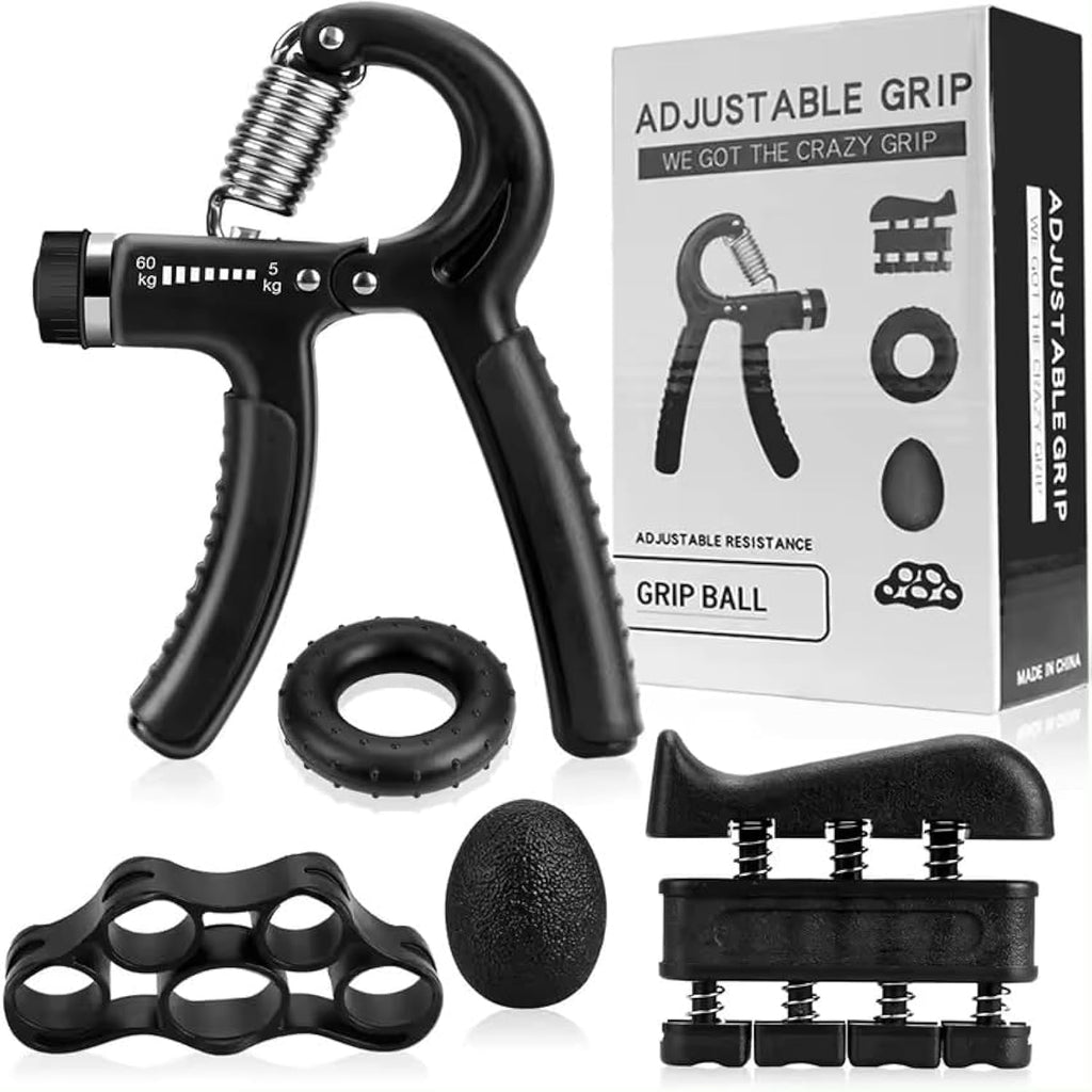 Hand Grip Strengthener Exercise Kit with 5 Pieces Hand Exerciser for Men Women Power Hand Grip Trainer Finger Stretcher Grip Ring Stress Relief Ball for Grip Strength Training (Black)